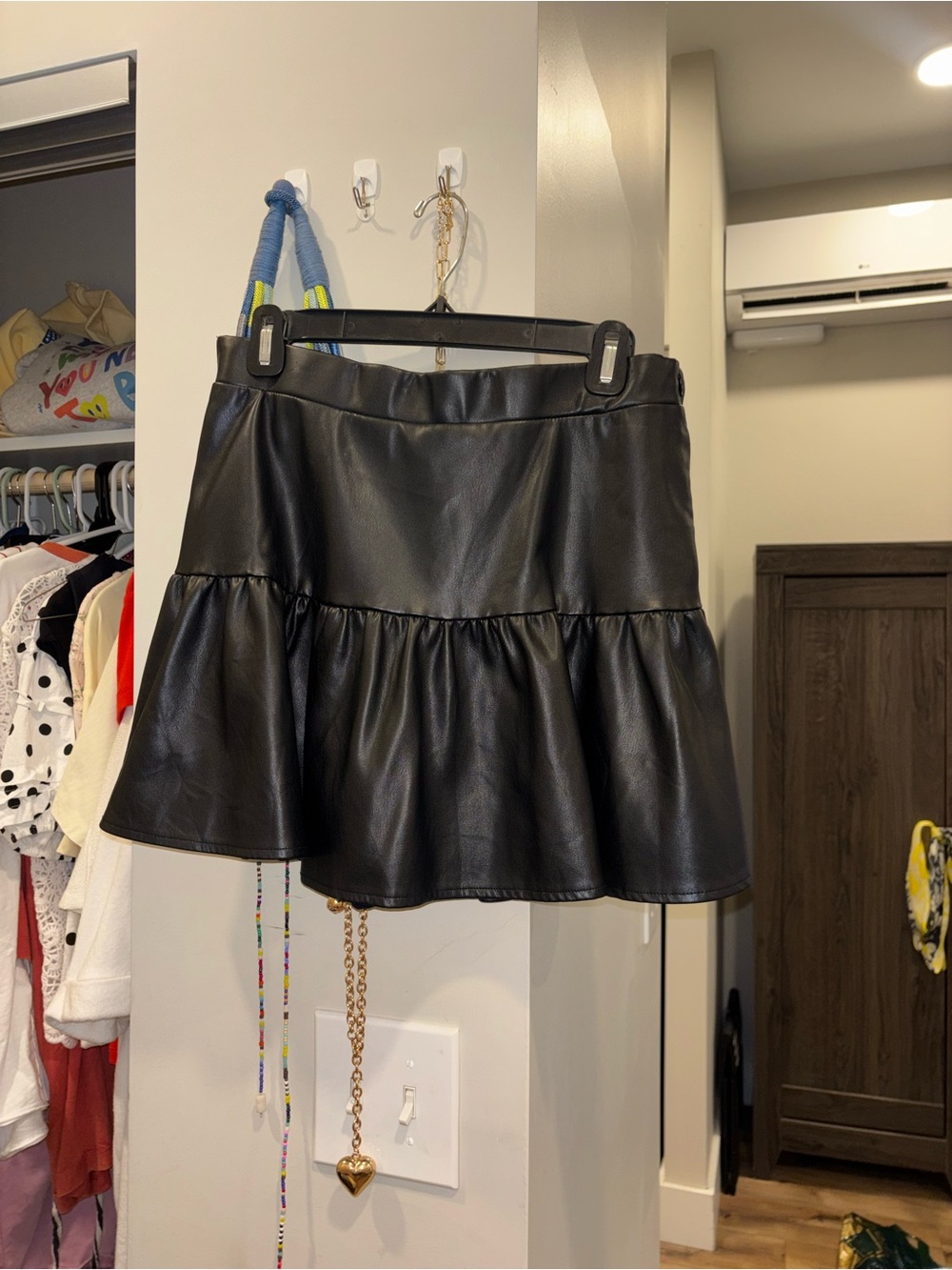 Versona Black Faux Leather A-Line Ruffle Mini Skirt